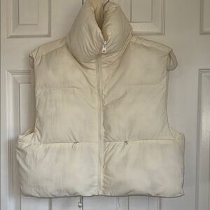 Cream Quilted Sleeveless Vest with High Collar